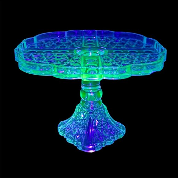 Antique EAPG Uranium Glass Blue Cake Stand | Daisy & Button Cake Stand - Picture 1 of 9